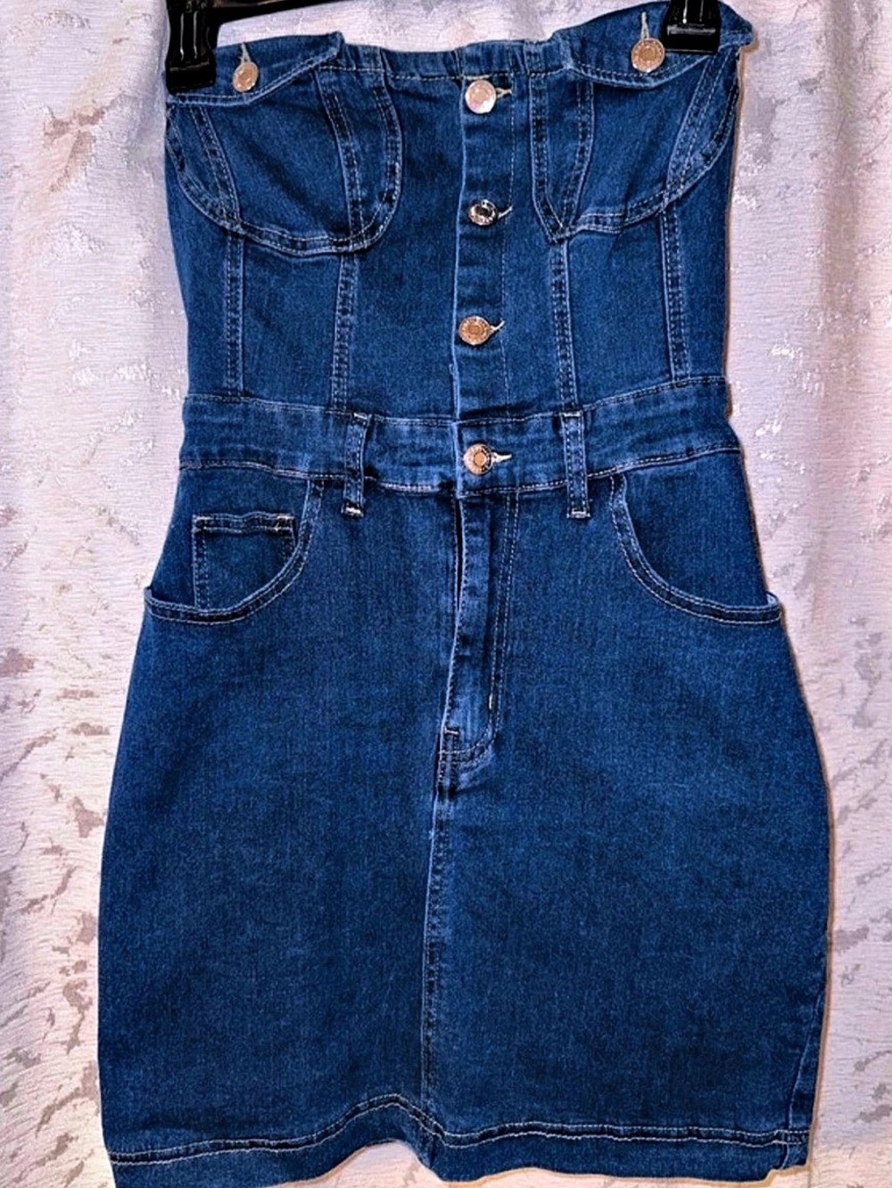 Kittenish Blue Denim Strapless Bustier Button Front Mini Dress Mini Dress